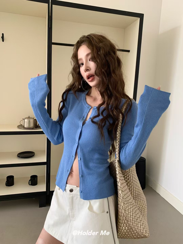 广州十三行正版超显白玫红色针织开衫毛衣女早秋修身长袖上衣外套|undefined