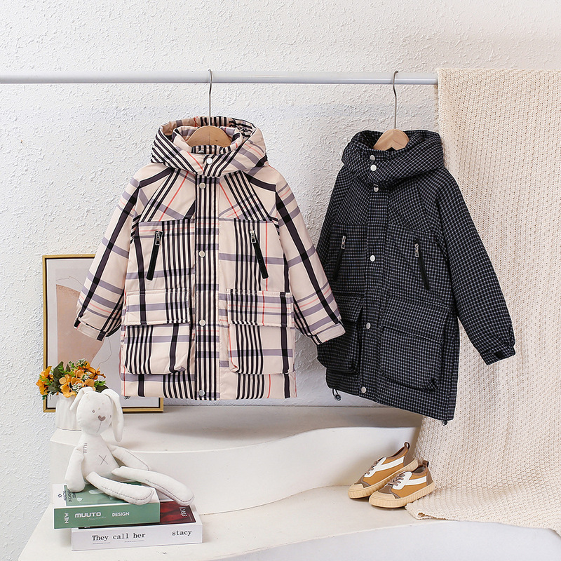 Boys' Down Jacket Long Classic Plaid Hooded fleece-lined 90 Velvet Warm Korean Style Winter Western Style New Jacket