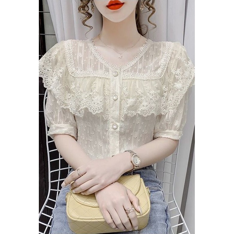 2026 Summer New Fashion Lace Ruffle Puff Short-Sleeve Crochet Shawl Design Stylish Versatile Chiffon Blouse