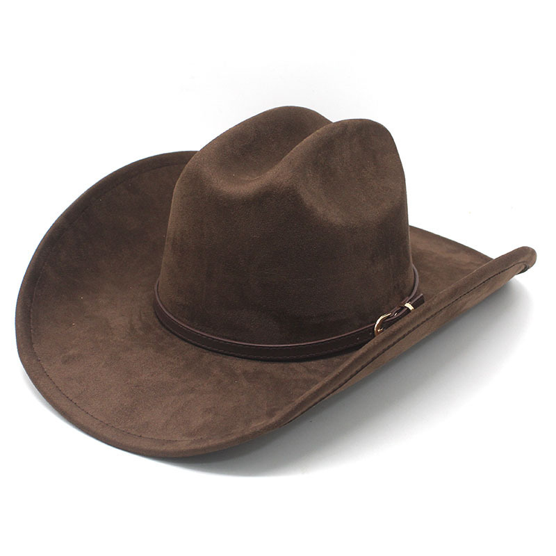 Suede Brown Leather Belt, Western Cowboy Hat, Fashionable Flat-Top Hat, Outdoor Performance Jazz Hat