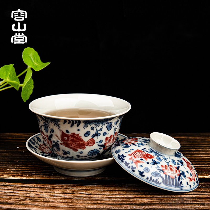 Rongshantang Guzhi ceramic large lid bowl home blue and white three talents brewing tea bowl glaze black tea cup master cup