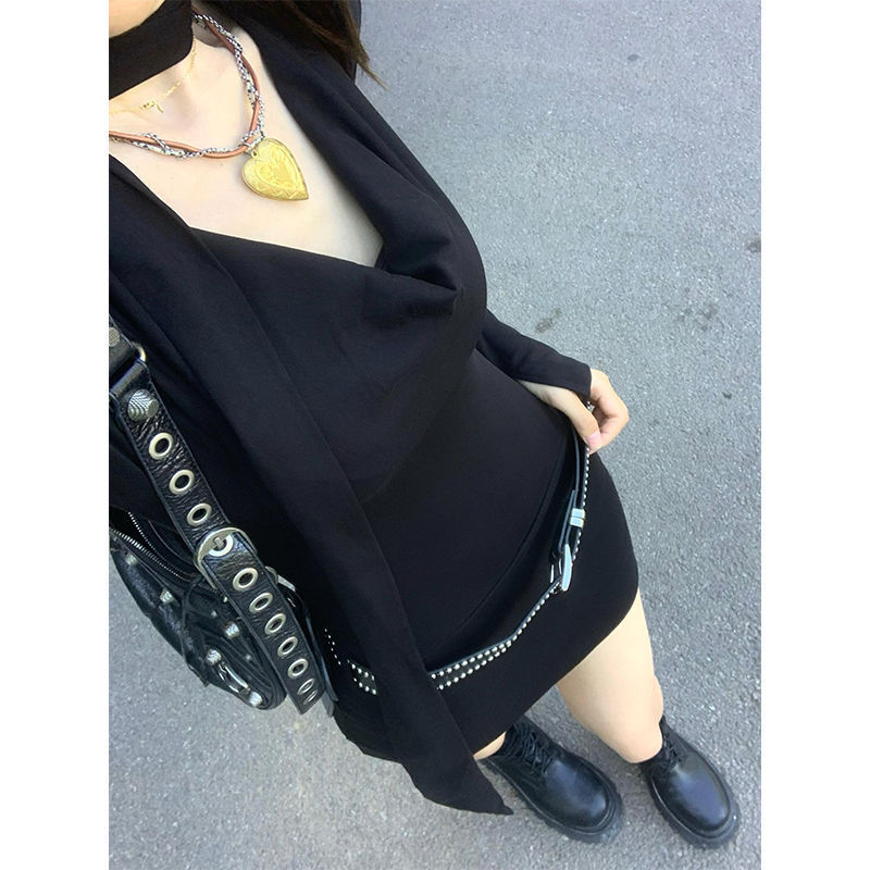 Spring Pure Desire Style Hanging Neck Wing Collar Long-sleeved dress Women's Belt Slim-fit Slimming Inner Hip Short Skirt