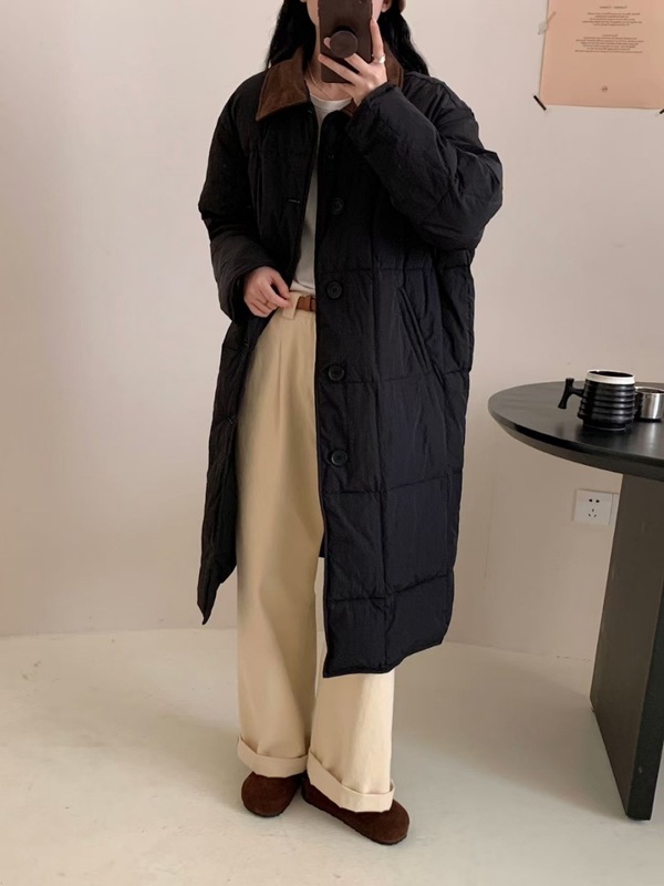 韓系コーデュロイ襟付きミディアムダウンジャケット女性2024冬の新型ファッション小衆白鴨ダウンコート潮|undefined