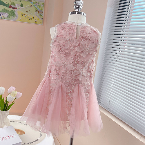 New Girls' Summer Floral Fish-Tail Dress with Pearly Net Top for Children - Birthday Party Gown
