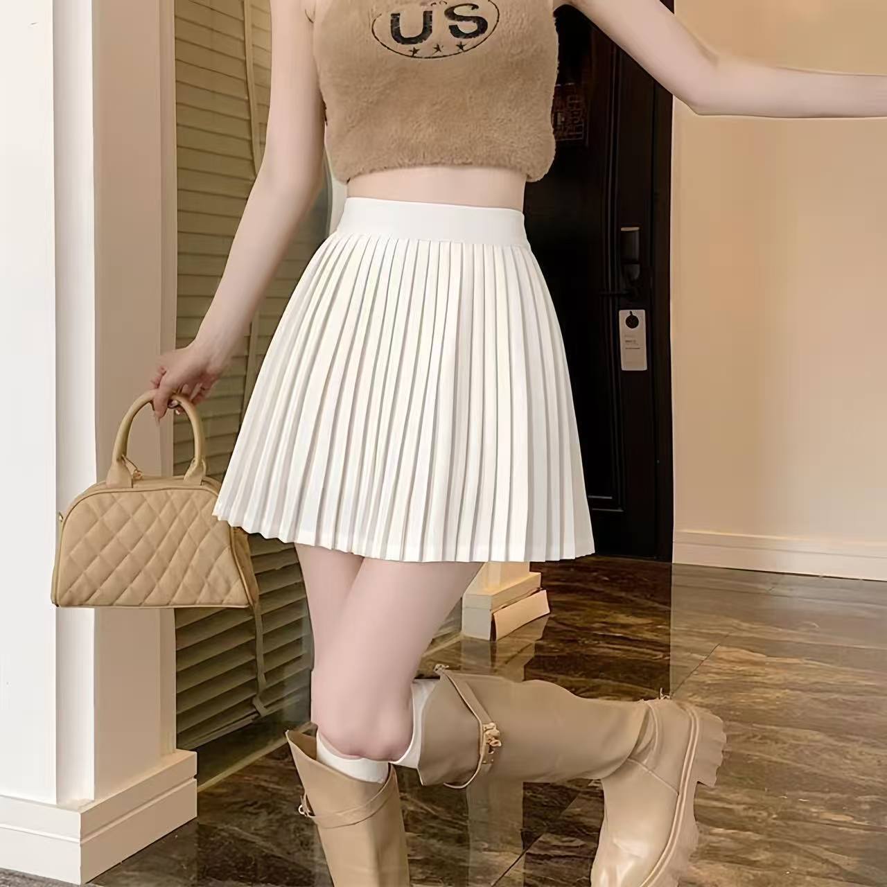 High-Waisted Pleated Mini Skirt with Built-in Safety Shorts, Black A-line Office Style — detail image 3