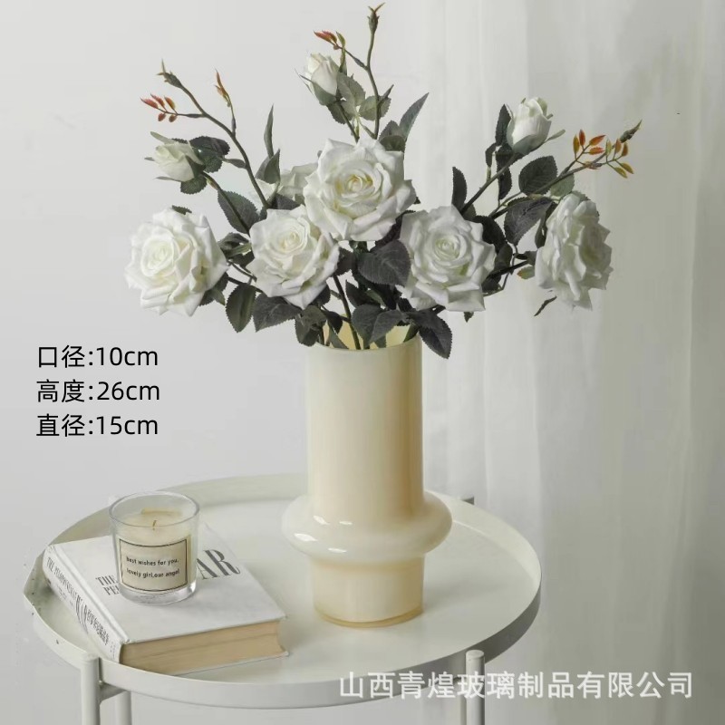 Ins新中国式ガラス花瓶客間生け花水培レトロな食卓の置物ネット赤クリーム色の装飾道具|undefined