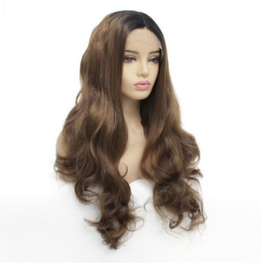 Fibra química europea y americana frente al encaje cubierta de cabello marrón ondulado largo rizos = peluca fabricantes al por mayor LW0116