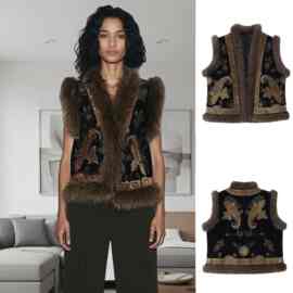 ZA跨境欧美外贸女装速卖通爆款秋季复古百搭刺绣毛绒边马甲