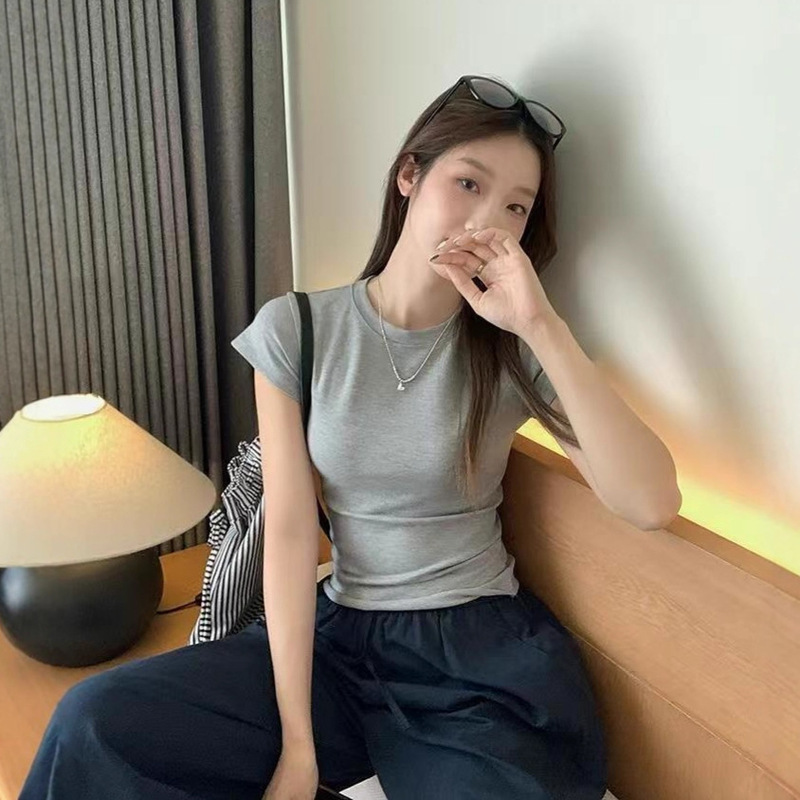 韩系正肩修身短袖T恤女2025夏季新款掐腰短款显瘦女装ins红色上衣|undefined