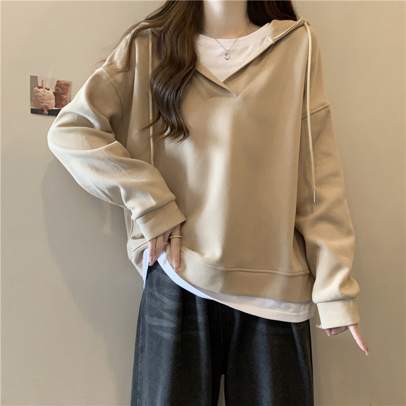 Foreign Trade Hooded Sweater Women's Spring and Autumn Thin Loose Slim Stitching Real Shot Fake Two-piece Top