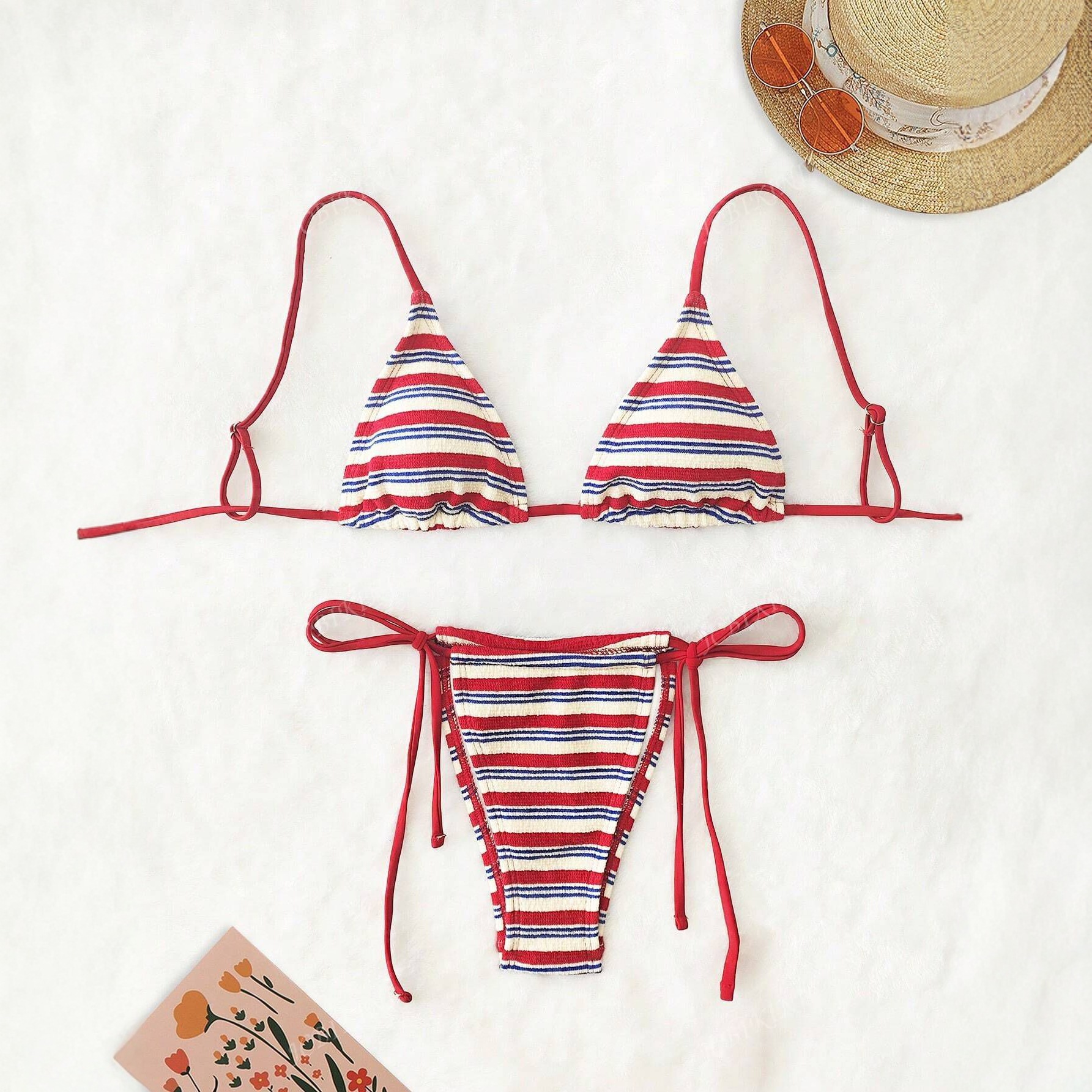 Sexy zweiteiliger Damen-Badeanzug, europäische und amerikanische Exportqualität, gestreift, tiefsitzend, mit Bindebändern, Bikini-Set aus Spezialstoff 2025_voghion.com