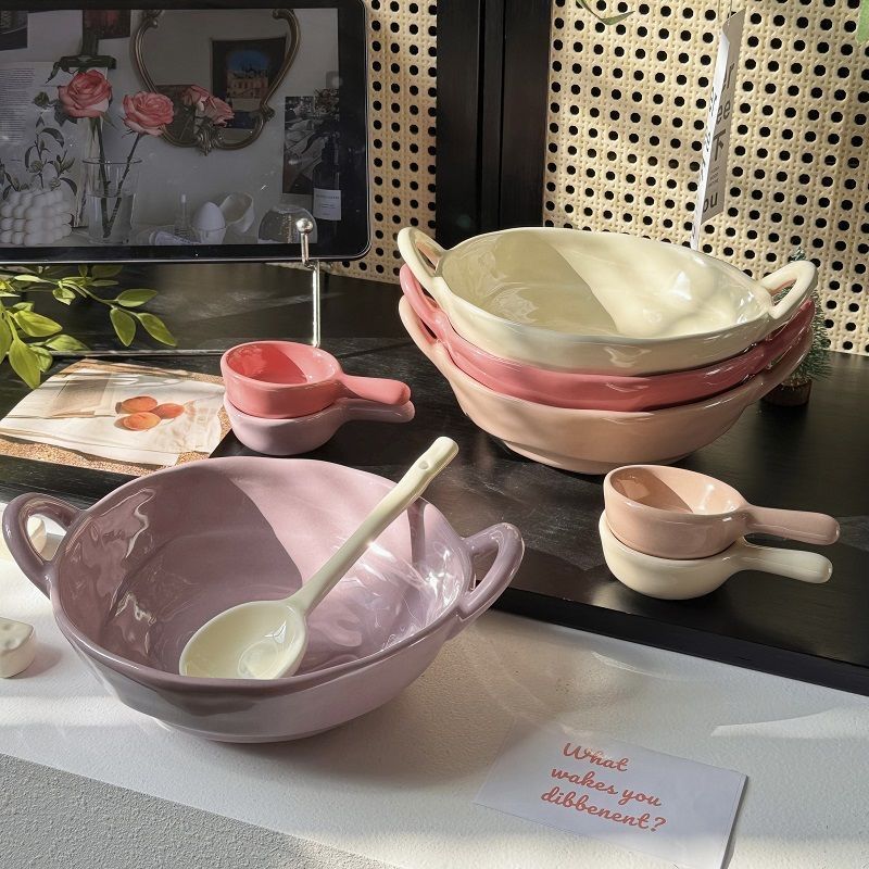 Ceramic Bowl Hand-Kneaded Irregular Double-Eared High-Looking Internet Celebrity Soup Bowl Household Fruit Salad Instant Noodles