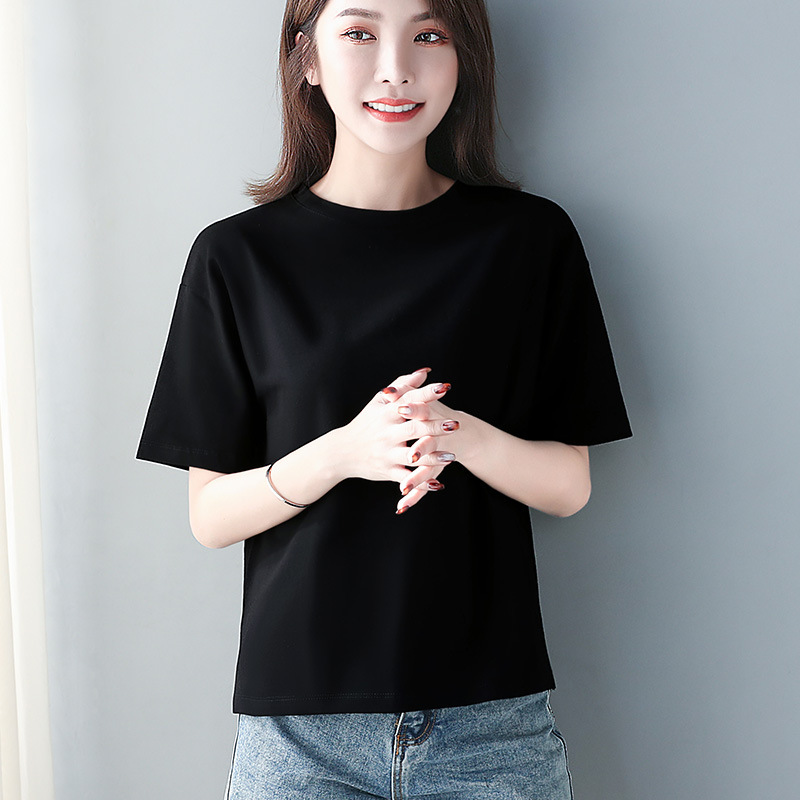 Black Short-sleeved T-shirt Women's 2022 Summer New Round Neck Bottom Slit on Both Sides Loose Slimming Large Size Top