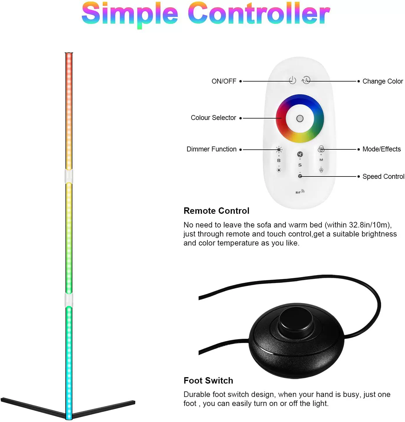 亚马逊新款 LED落地灯RGB墙角灯三段式房间卧室彩色氛围灯遥控app