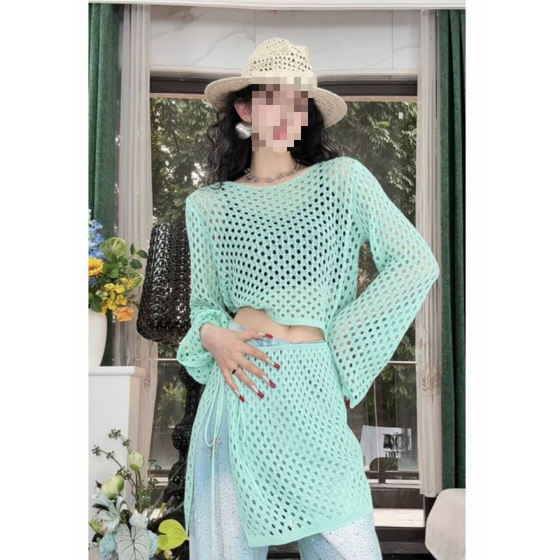 2026 Spring Collection Long-Sleeve Blouse with Mesh Round Neck and Tie-Up Back Panel Design, Casual and Fashionable Two-Piece Set, Long-Sleeve 2026 Spring Collection Long-Sleeve Blouse with Mesh Round Neck and Tie-Up Back Panel Design, Casual and Fashionable Two-Piece Set, Long-Sleeve
