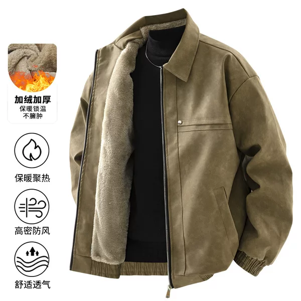Winter Fleece-Lined American Retro Lapel Leather Jacket, Stylish Men's Spring and Autumn Jacket with Fleece and Thickened Lining