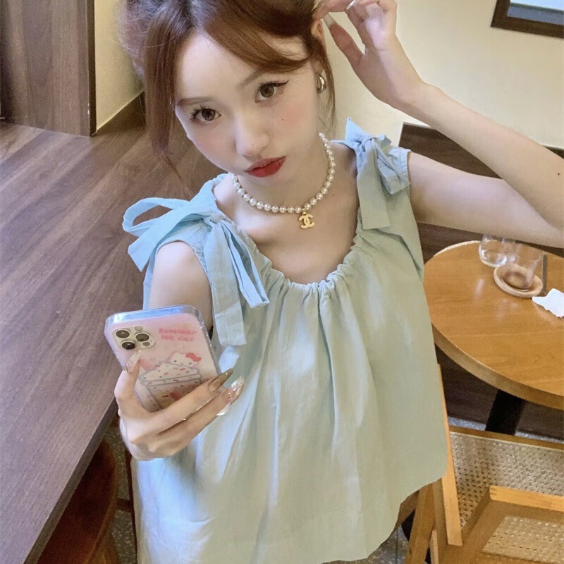 Sweet Style Loose Sleeveless Shirt Women's Spring and Summer New All-match Casual Flesh Covering Doll Shirt Lace-up Vest Shirt Sweet Style Loose Sleeveless Shirt Women's Spring and Summer New All-match Casual Flesh Covering Doll Shirt Lace-up Vest Shirt