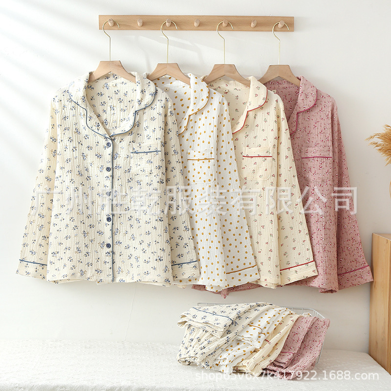 2026 New Spring & Fall Double-Layer Gauze Pajamas for Women, Pastoral Style Lapel Long-Sleeved Home Clothes Set That Can Be Worn Outside Europe and the United States