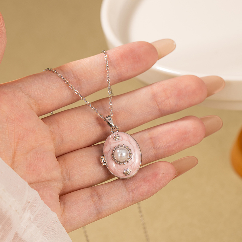 타원형 브랜드 진주 목걸이-핑크