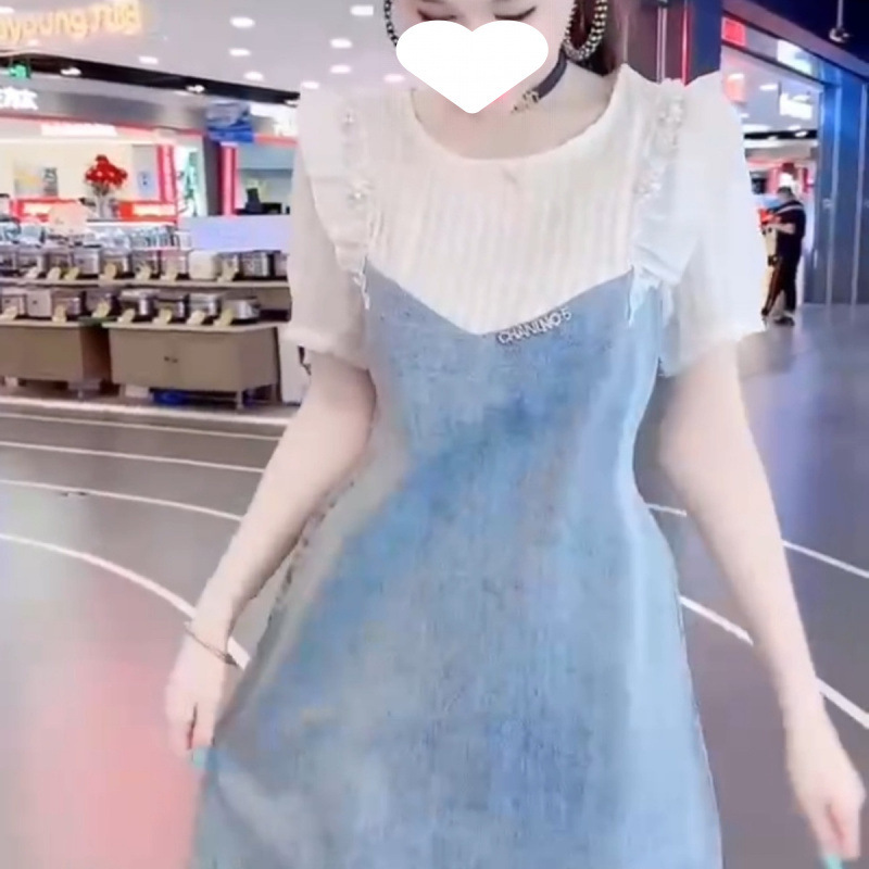 2025秋季新款拼接牛仔连衣裙收腰显瘦洋气两件裙子气|undefined