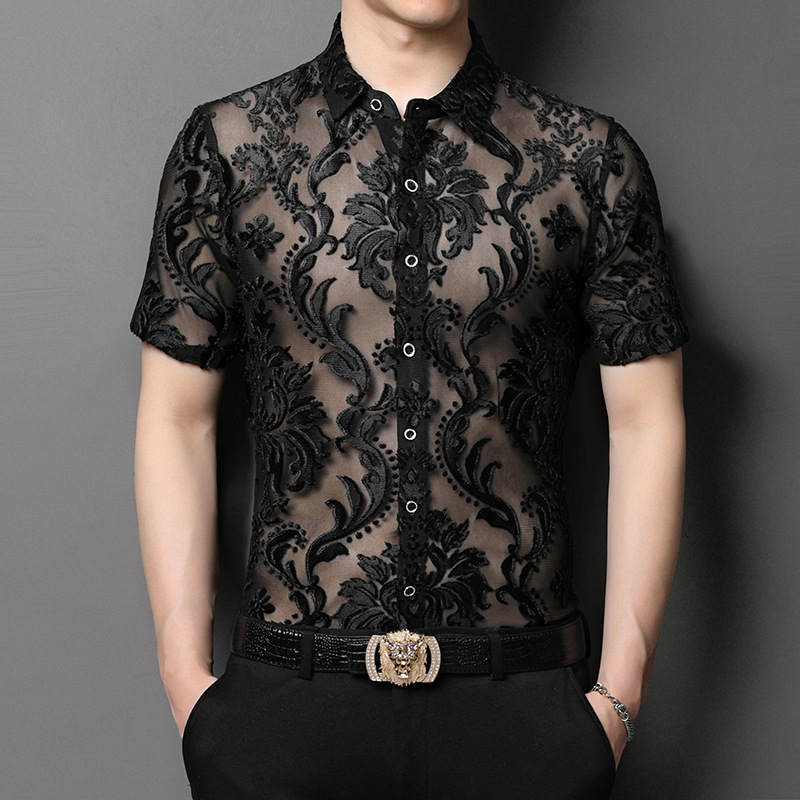 New summer collection: fashionable Korean-style men's short-sleeved shirts, featuring a thin, loose-fitting, ice-silk fabric with a flocked texture, and trendy half-sleeve designs New summer collection: fashionable Korean-style men's short-sleeved shirts, featuring a thin, loose-fitting, ice-silk fabric with a flocked texture, and trendy half-sleeve designs