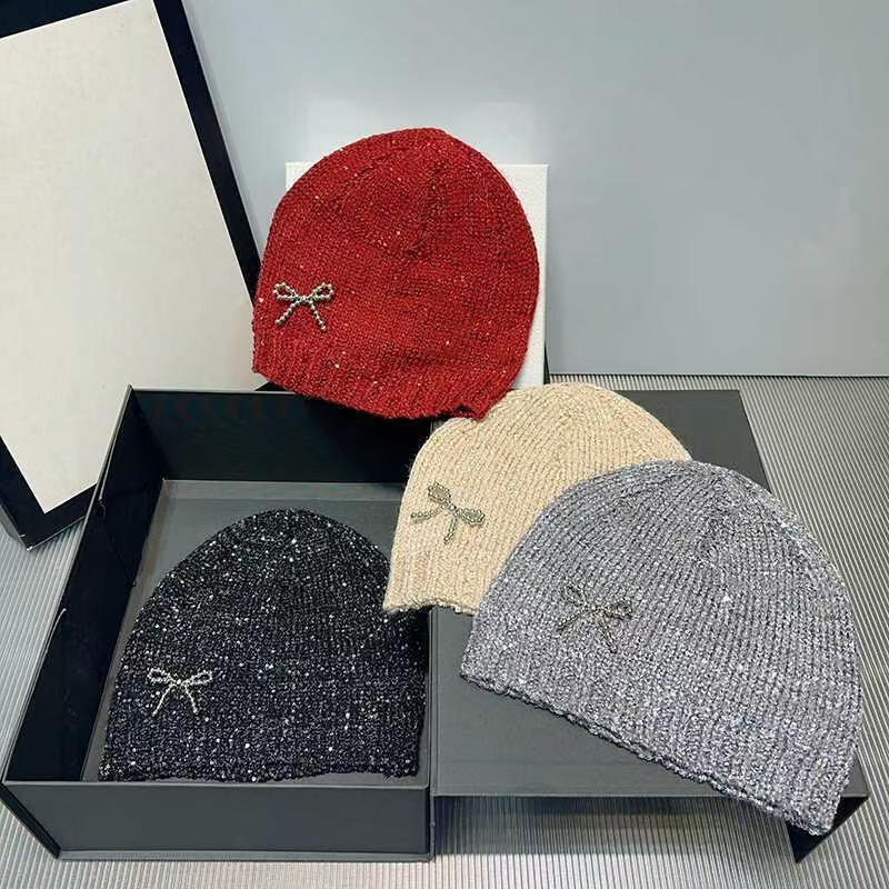 Chanel-Style Sequined Knitted Beanie with Bow, Korean Style, Autumn and Winter Fashion Hat, Large Head Circumference, Face-Slimming Beanie