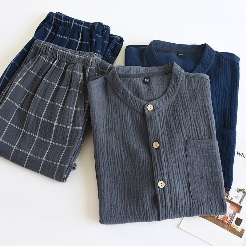 봄, 가을, 여름 거즈 더블 레이어 크레이프 긴팔 가디건 루즈 대형 홈웨어 세트 남성용 심플 잠옷