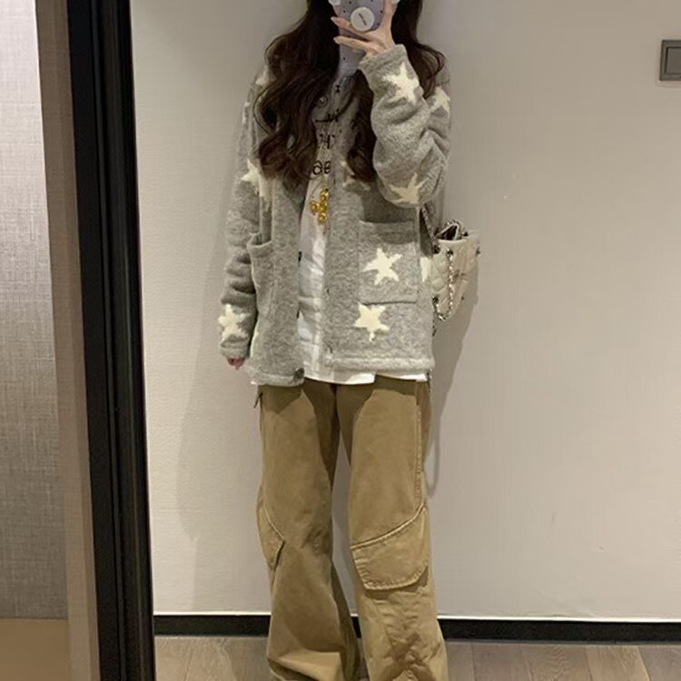休闲慵懒风毛衣女外套设计感拼色五角星提花秋冬新款翻领针织开衫|undefined