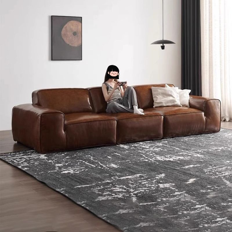 Retro Oil Wax Sofa, Antique Style Caramel Color Straight Row, Large Black Cow Sofa, First Layer Cowhide Living Room, Italian Wood