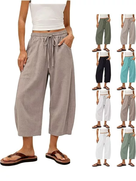 2026 Cross-Border Amazon New Summer Casual Cotton and Linen Bohemian Style Loose-Fitting Cropped Wide-Leg Barrel Pants
