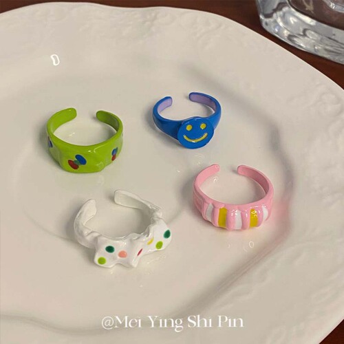 Dopamine Colorful Drip Glaze Smiling Open Ring  New Arrival Milky Girl Style Cartoon Open Ring