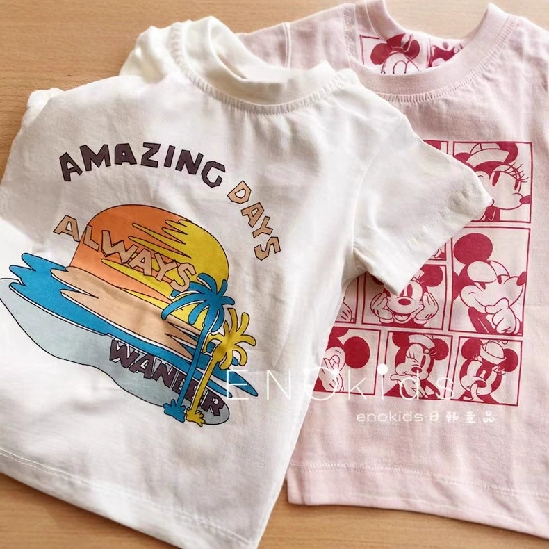 Children's Cotton Summer Cartoon T-Shirt, Oversize Short Sleeve, High Collar