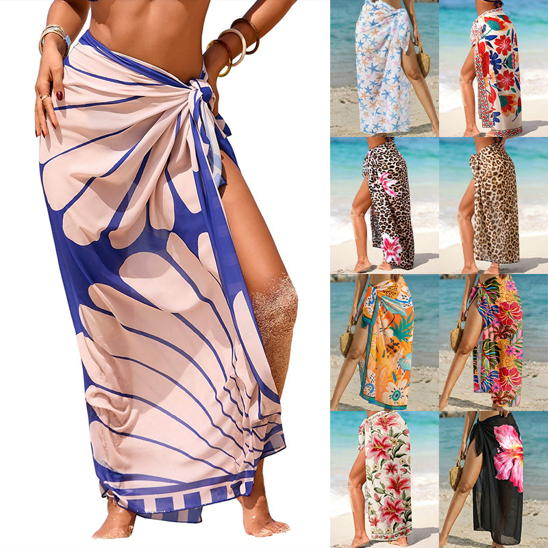 2026 New Women's Swimsuit Transparent Sarong High-Slit One-Size-Fits-All Swimsuit Cover-Up Summer Floral Print Chiffon
