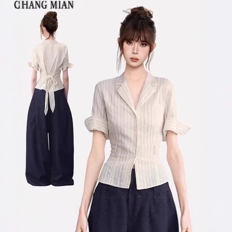 Summer New Style French V-Neck Striped Short Shirt for Women, Stylish and Elegant, Waist-Cinching, Slimming, Tie-Up Half-Sleeve Blouse