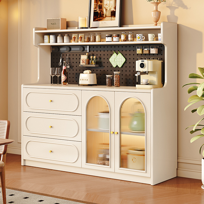 Solid Wood Sideboard Integrated with Wall-Mounted Pegboard Storage Cabinet for Home Kitchen, Dining Room, and Living Room Storage