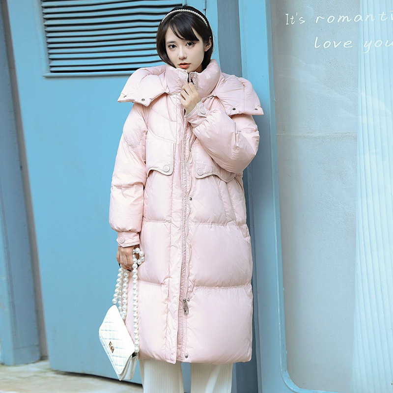 高端鹅绒长款羽绒服女2025冬新款加厚连帽时尚宽松大口袋过膝外套|undefined
