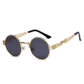 时尚欧美男女朋克墨镜金属圆形镂空眼镜复古潮旅游8010太阳镜跨境