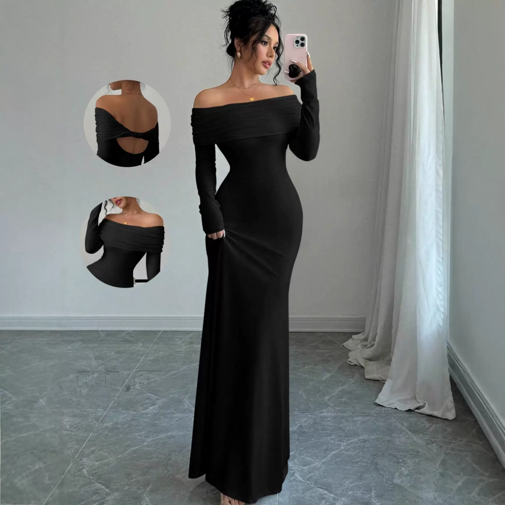 外贸2025春季女装一字露肩缩褶紧身时尚优雅包臀长款晚礼服连衣裙