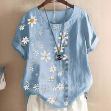 2026夏季新款复古文艺棉麻花朵印花宽松休闲衬衫套头上衣女