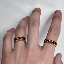 高级感克罗心老花酒红金色复古开口戒指小众设计珐琅轻奢指环