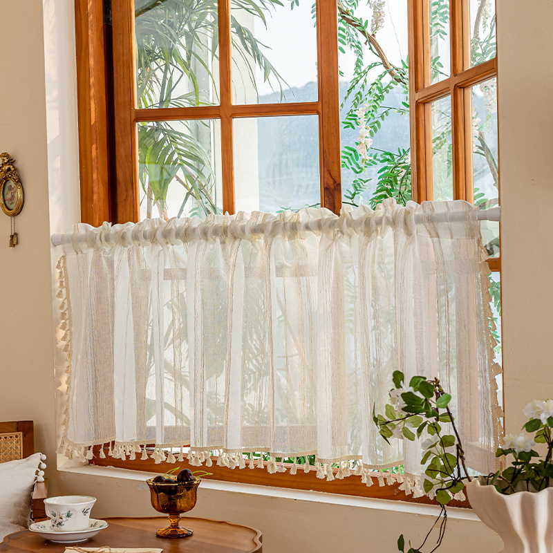 Cross-border factory direct supply of American-style bay window short curtains, coffee-colored curtains, bedroom half curtains, white lace sheer curtains, no-hole installation curtains Cross-border factory direct supply of American-style bay window short curtains, coffee-colored curtains, bedroom half curtains, white lace sheer curtains, no-hole installation curtains