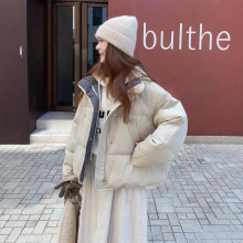 高端韩版格子拼接短款立领羽绒服女25冬新款小个子白鸭绒休闲外套