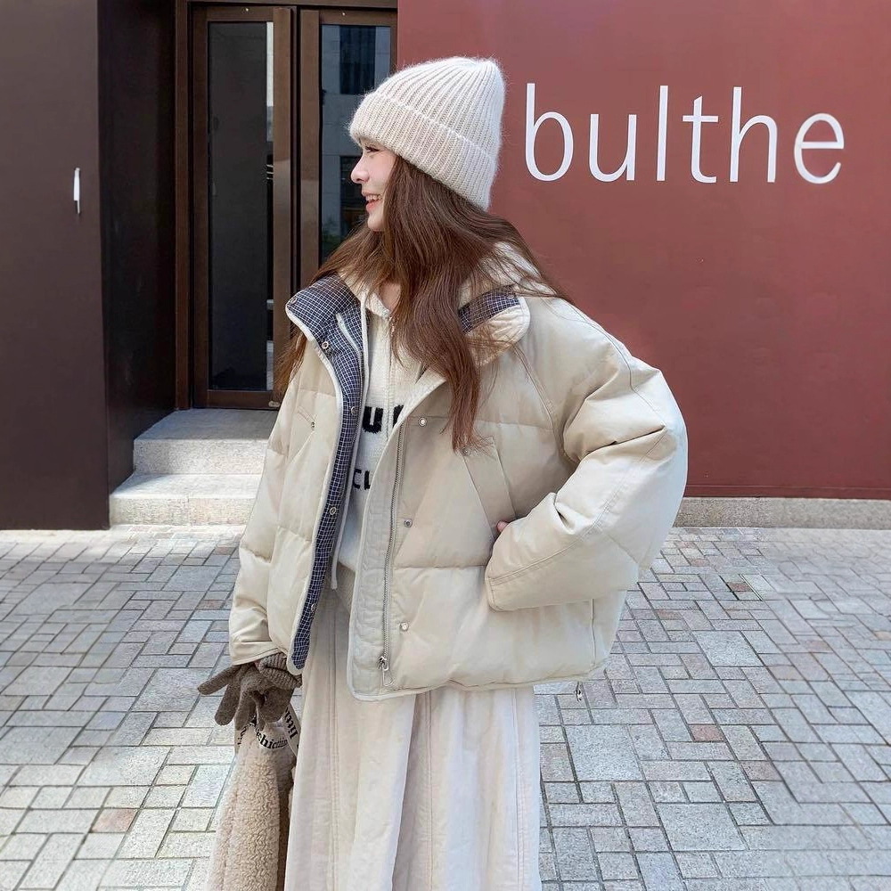 高端韩版格子拼接短款立领羽绒服女25冬新款小个子白鸭绒休闲外套