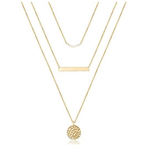 European and American jewelry wholesale, pearl disc pendant accessories, metal strip, multi-layer metal simple imitation pearl necklace