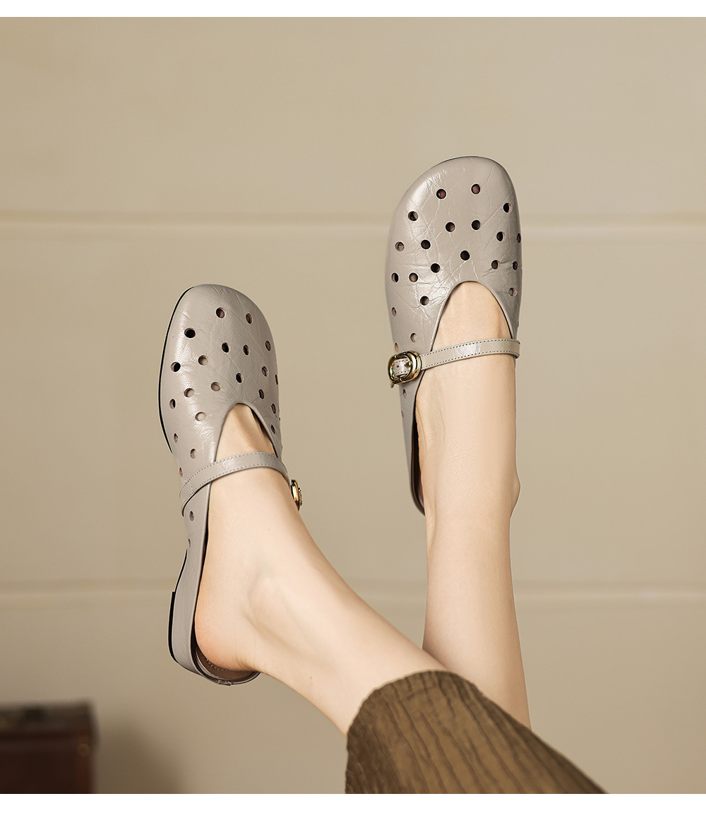 Sandal nữ da dê đục lỗ mũi trùm quai ngang hở gót — đen chi tiết 6