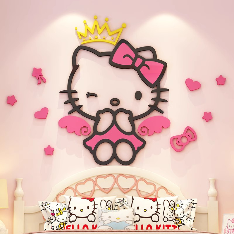 hellokitty猫墙贴卡通可爱粉色小猫咪亚克力立体墙贴儿童房背景墙