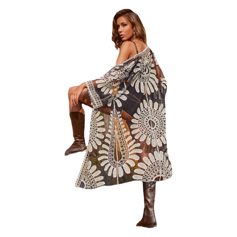 Ins Internet celebrity rebeca de encaje soluble en agua girasol playa falda de vacaciones traje de baño de longitud media bikini ropa de protección solar para mujeres