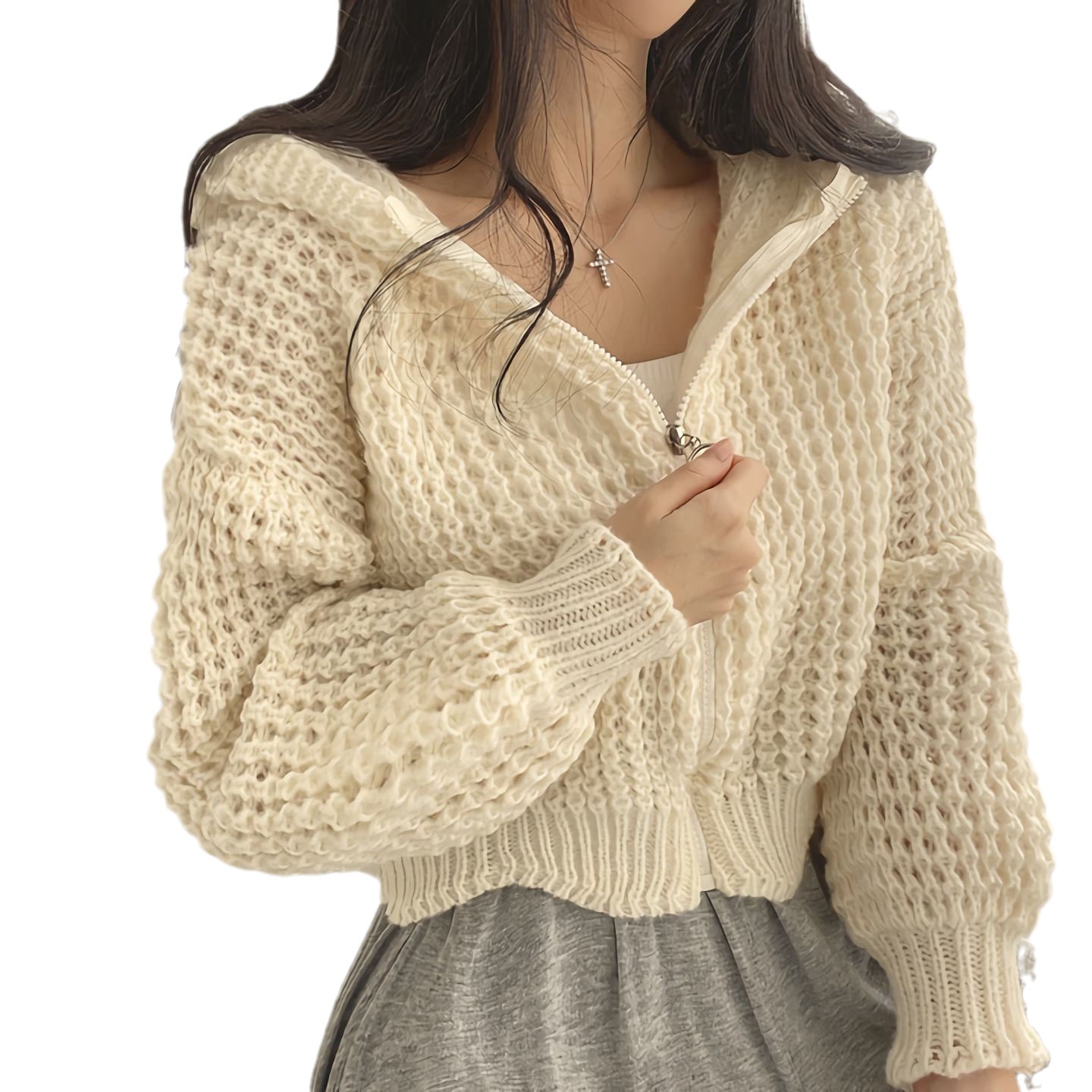 Abrigo corto con capucha 2023 Otoño e Invierno Nuevo estilo perezoso diseño de las mujeres aguja gruesa solapa suéter Suelto