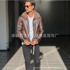 亚马逊跨境冬季男士羊羔绒仿麂皮绒欧美茄克机车皮毛一体外套