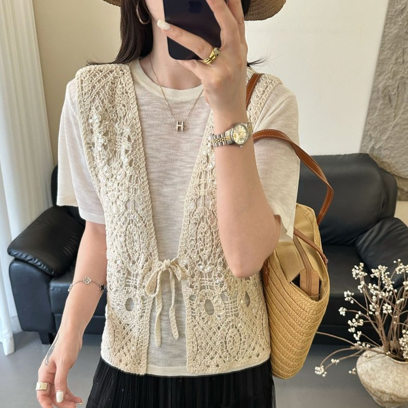 2026 New Summer Style Crochet Hollow-Out Sequin Embroidery Lace-Up Vest Short-Sleeved T-Shirt Two-Piece Knitted Sweater for Women